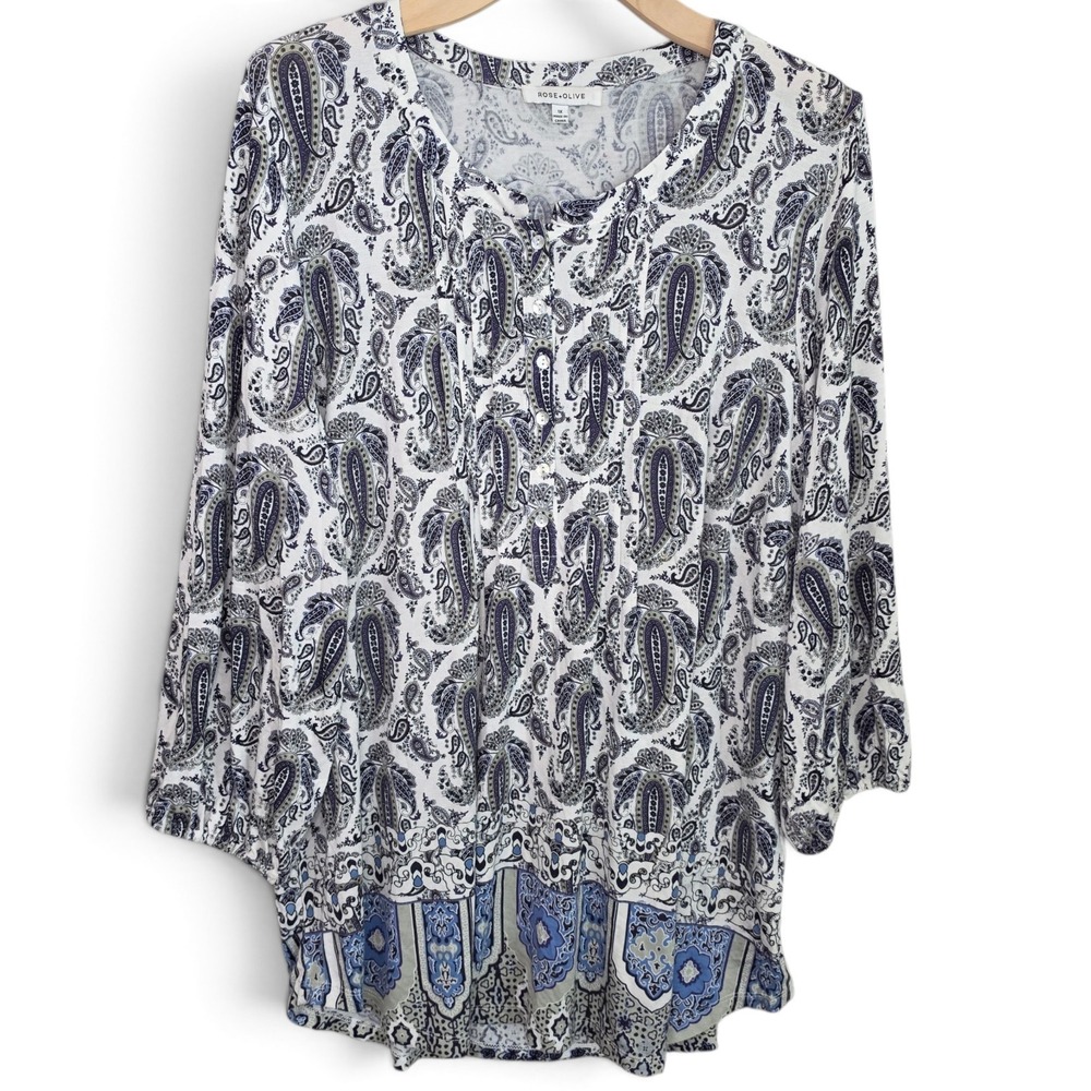 Rose & Olive Top Womens 1X Tunic Blouse Henley Boho Paisley Print Plus Knit